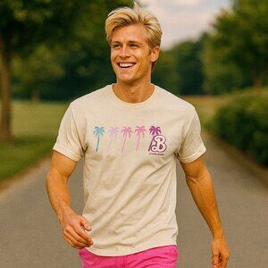 Barbie Dream Summer 2022 Mens Large Beige T Shirt Palm Trees Pastel Graphic Matt